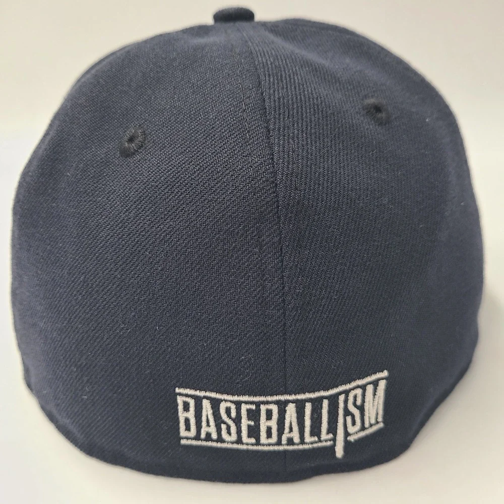 Baseballism Hat Fitted 7 1/4 59Fifty New Era Blue White Rally Cap Script Logo‎